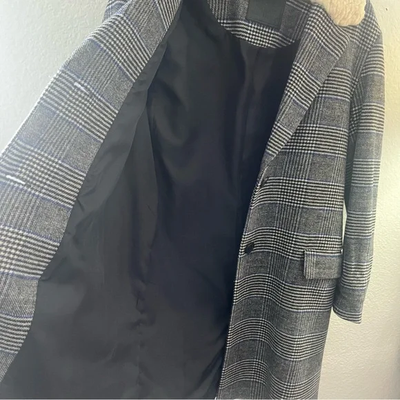 Levi's Amaya Wool Blend Fur Trimmed Collar Meteorite Plaid Pea Coat Size Small - Picture 10 of 16